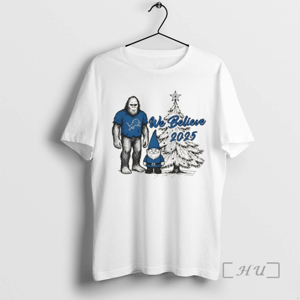 Trending Detroit Football Big Foot And Gnome We Believe Christmas 2025 Tee Shirts Sweater