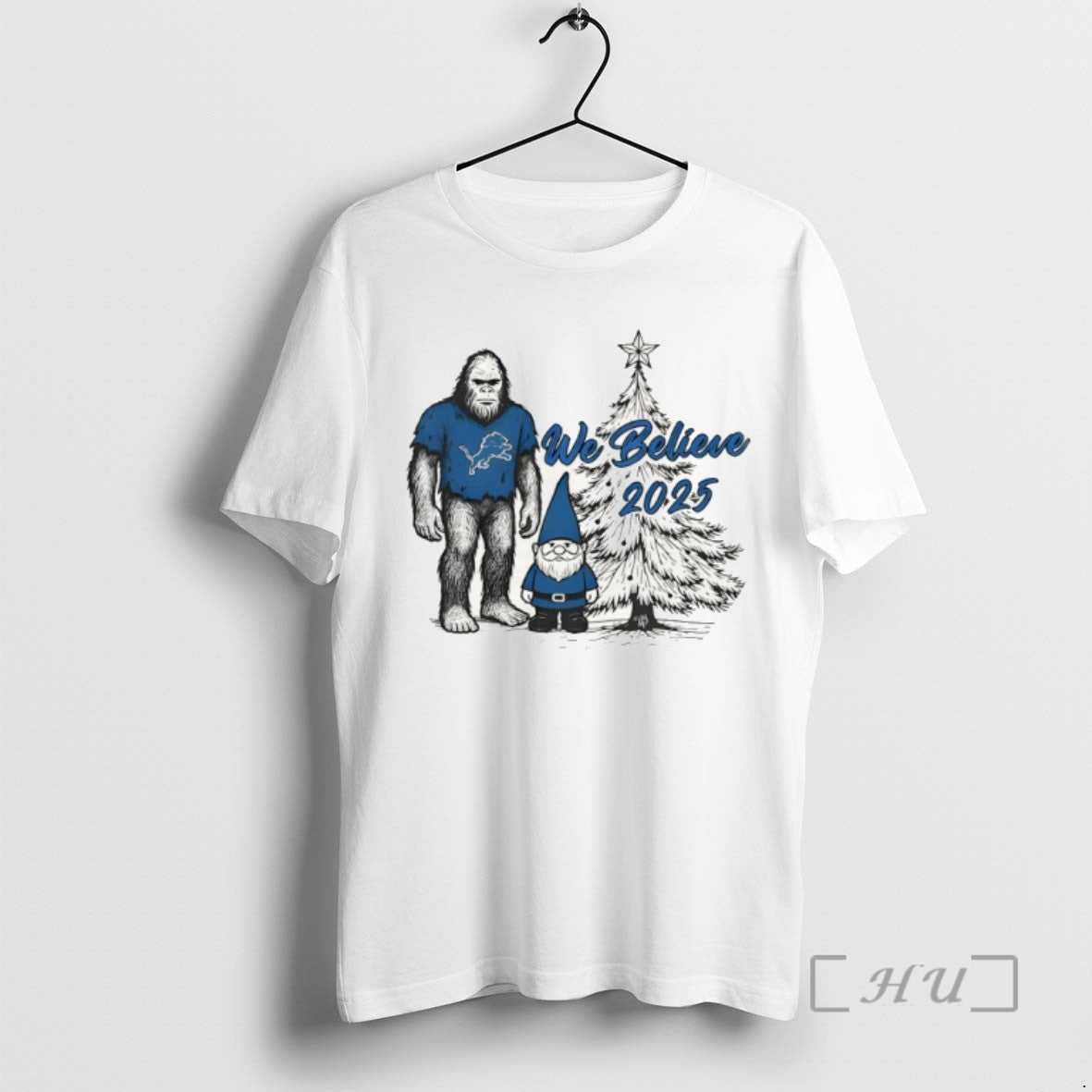 Trending Detroit Football Big Foot And Gnome We Believe Christmas 2025 Tee Shirts Sweater