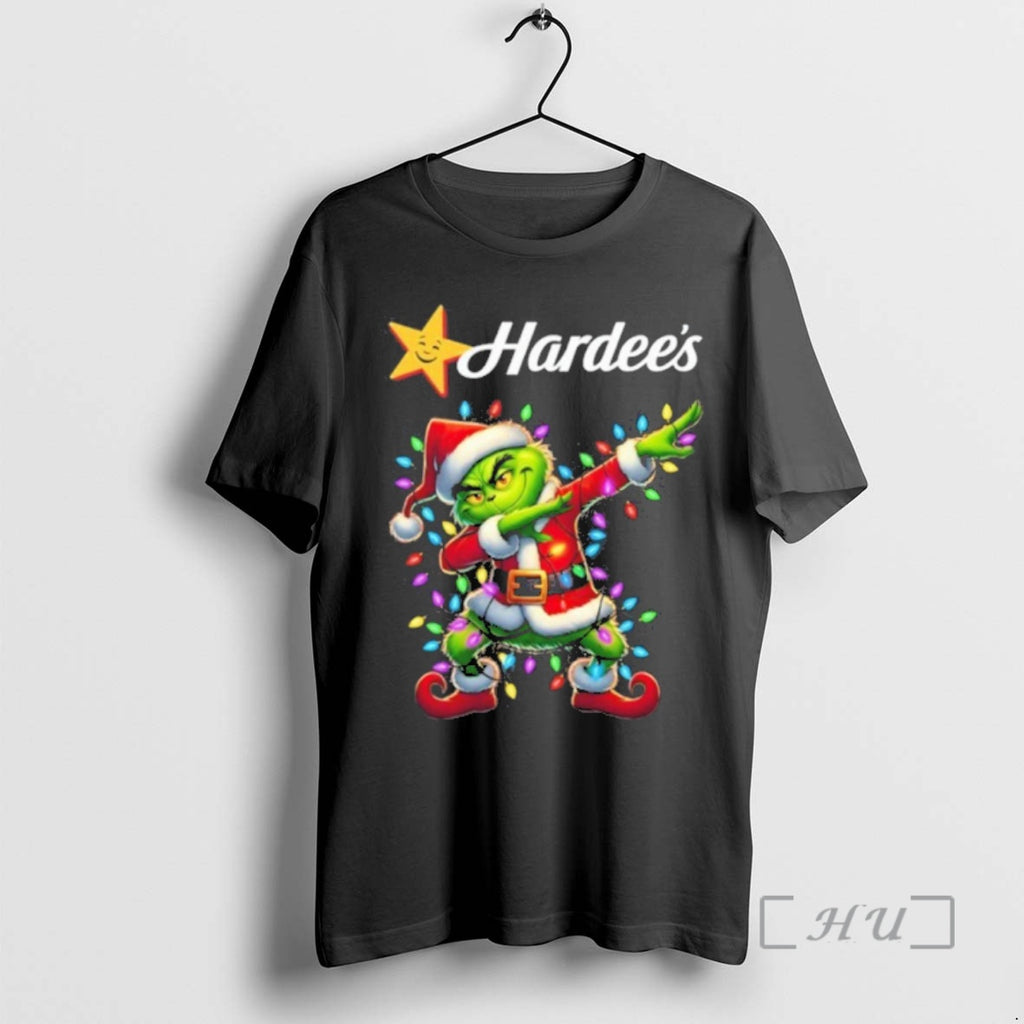 Trending Hardees Logo X Grinch Dabbing Light Christmas Premium T Shirt Sweater