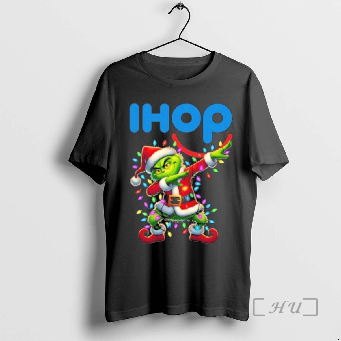 Trending Ihop Logo X Grinch Dabbing Light Christmas Premium T Shirt Sweater