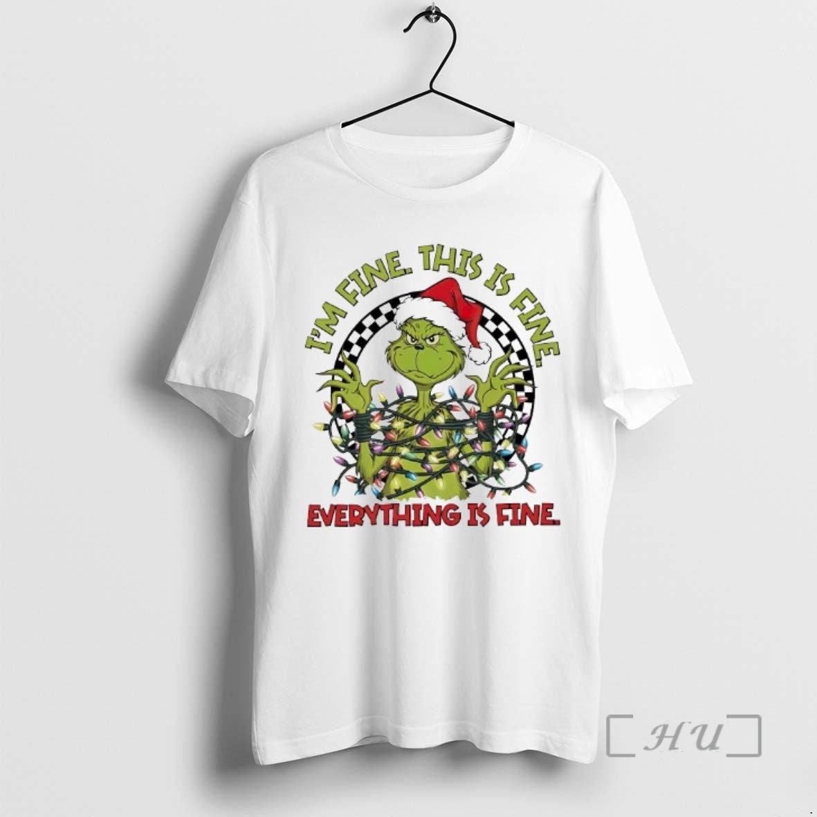 Trending Im Fine This Is Fine Everythings Fine Christmas Lights Grinch Santa Premium T Shirts