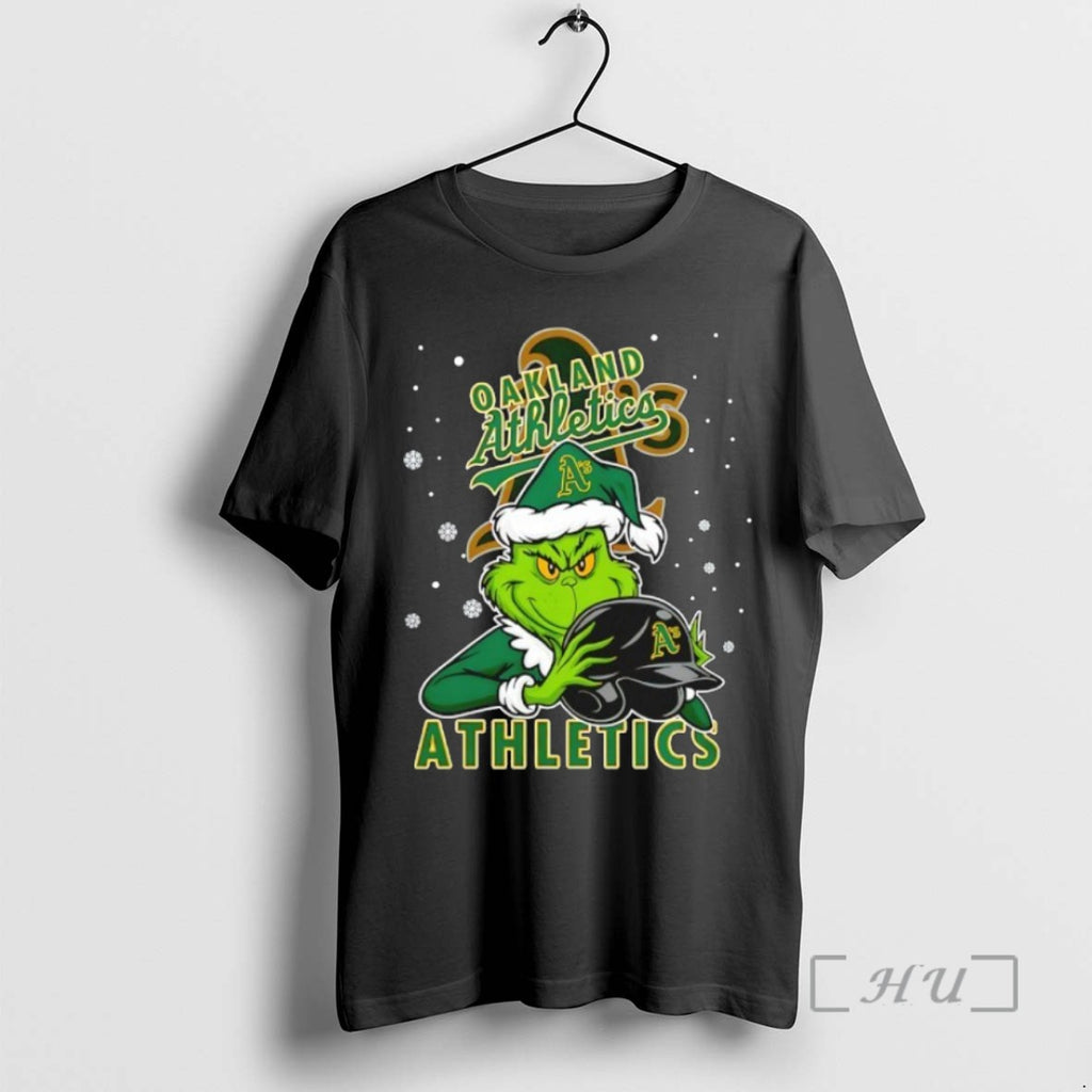 Trending Oakland Athletics Baseball Grinch Holding Helmet Christmas Tee Shirts Sweater