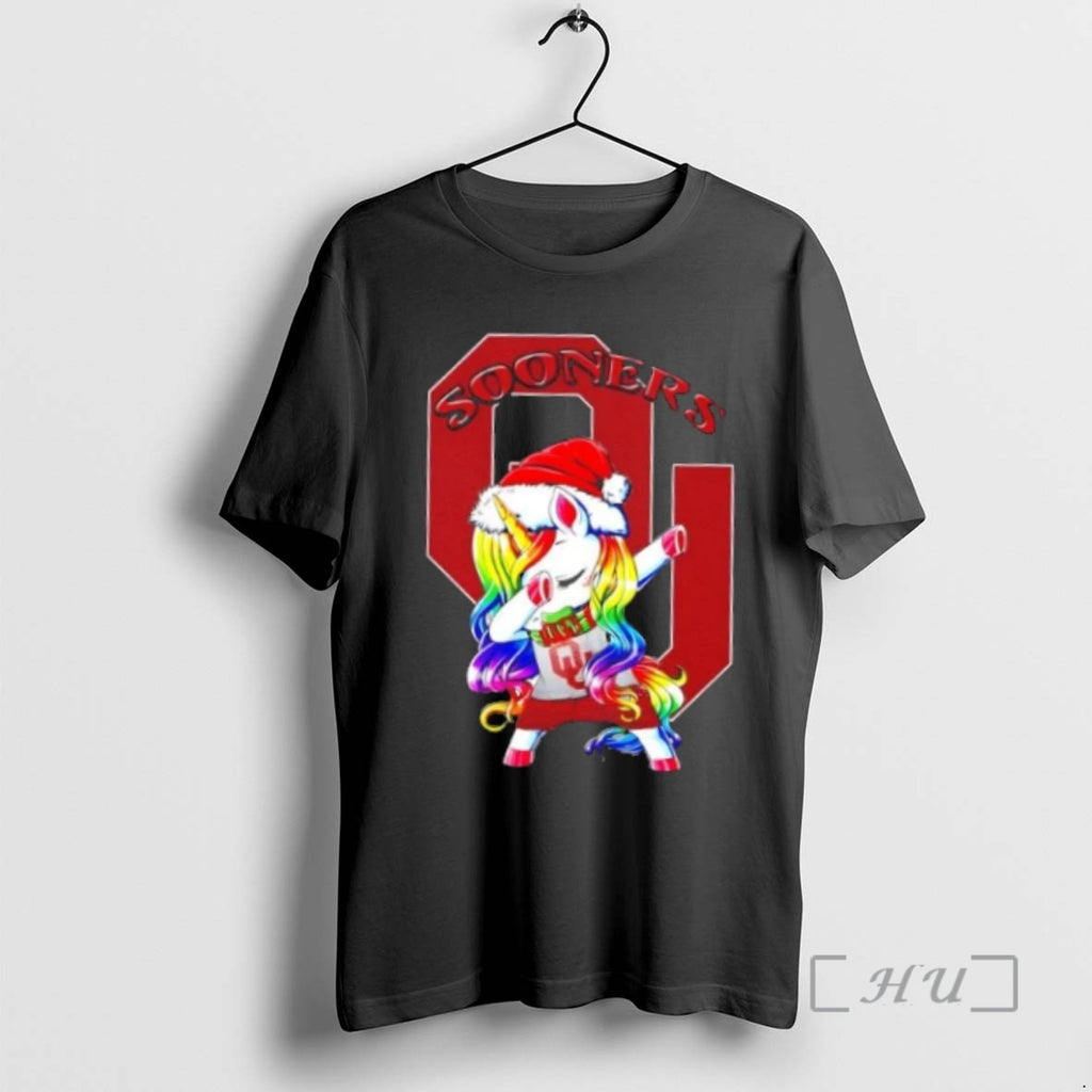 Trending Oklahoma Sooners Football X Unicorn Santa Hat Dabbing Merry Christmas Premium T Shirt Sweater
