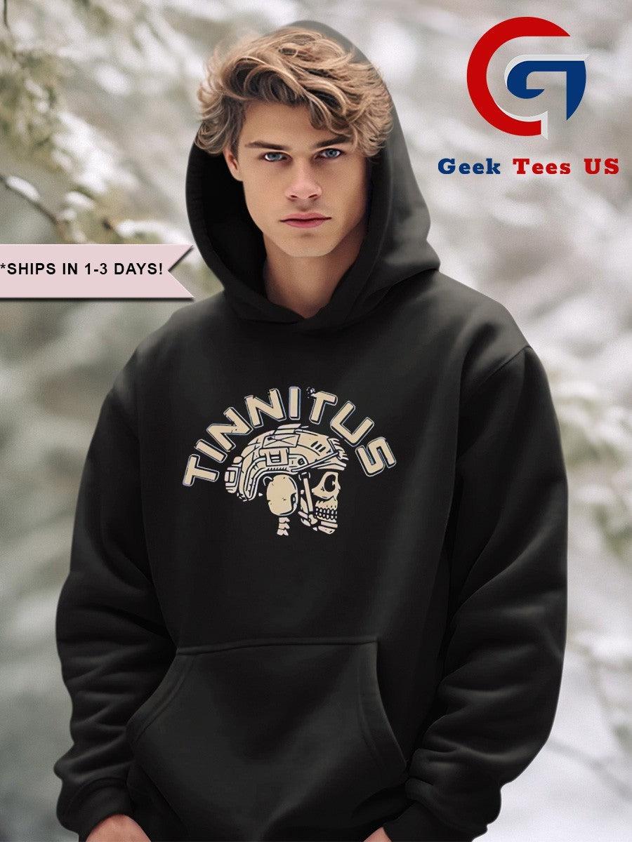 Veteran with a sign tinnitus skull shirt