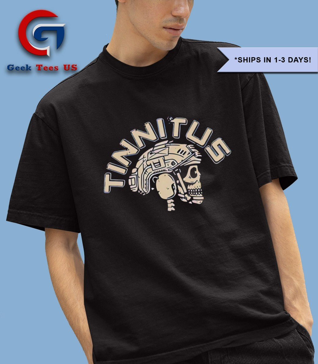 Veteran with a sign tinnitus skull shirt