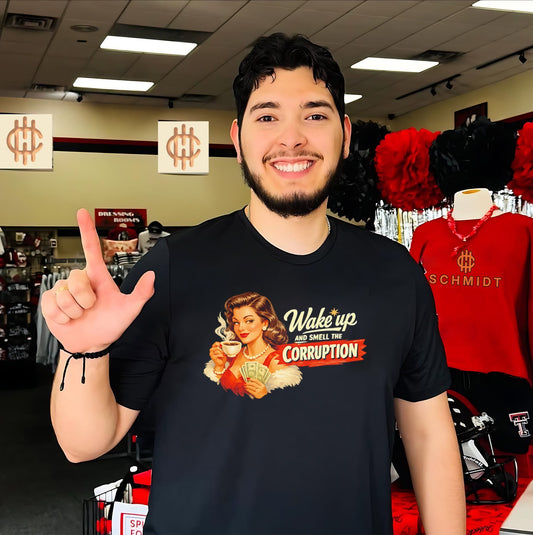 Wake up and smell the corruption lady holding coffee graphic shirt