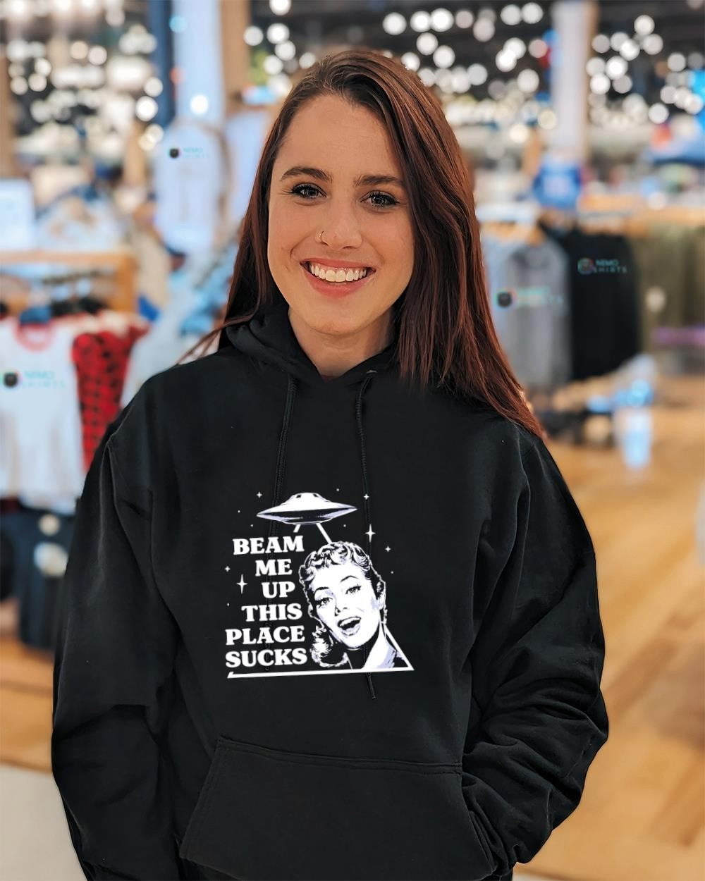 Woman beam me up this place sucks shirt