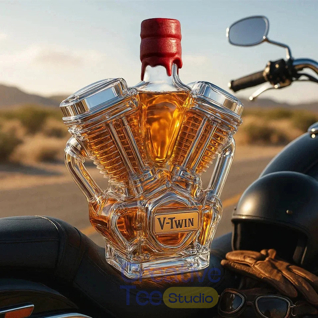 V-Class Motorcycle Engine ‘Unleaded’ Glass Whiskey Bottle