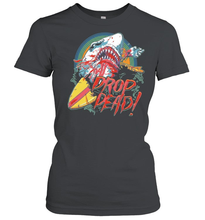 Drop Dead shark attack surfboard Unisex T-Shirt