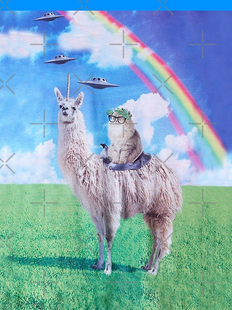 Cat Riding Llama Unicorn Rainbow UFO by BattleGoat