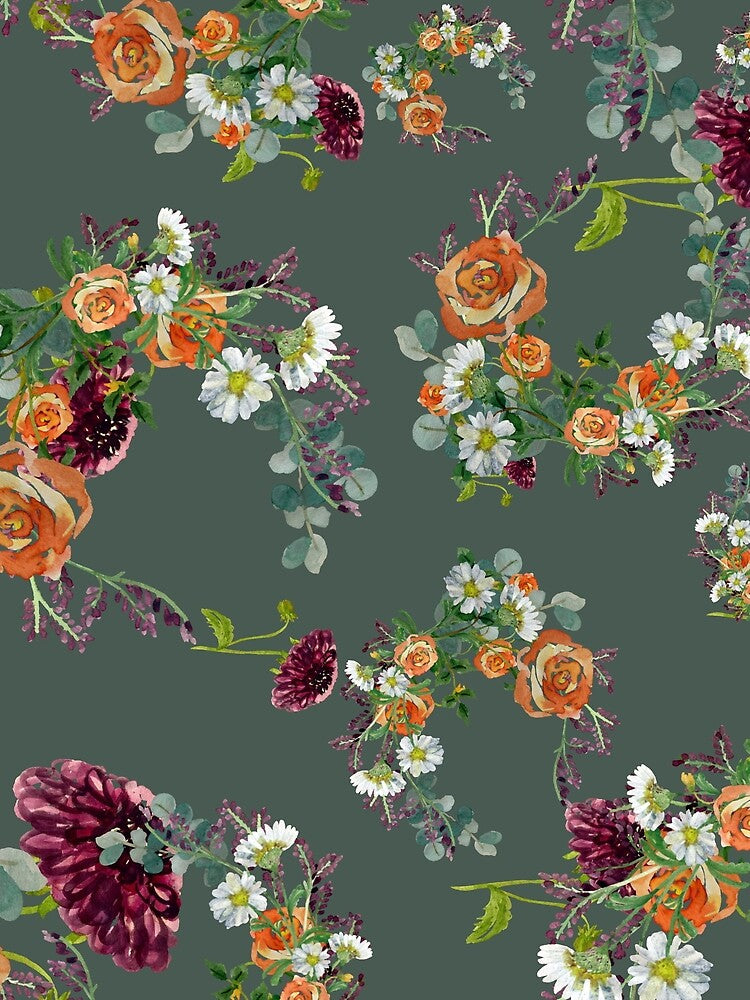Dahlia red rose daisy pattern watercolor light green by Yana Mustafina | Boho Soulful Designs