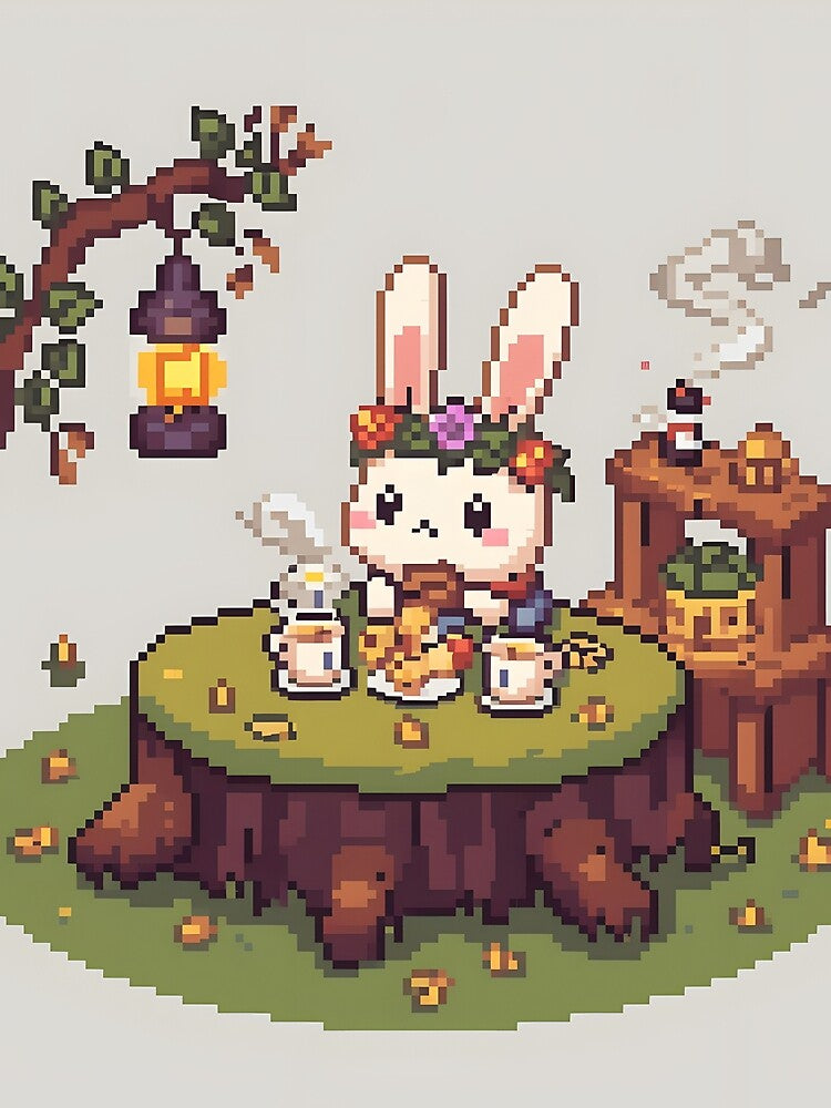 Chibi Bunny Tea Party - Cozy Pixel Art Print by ThePixelArchive