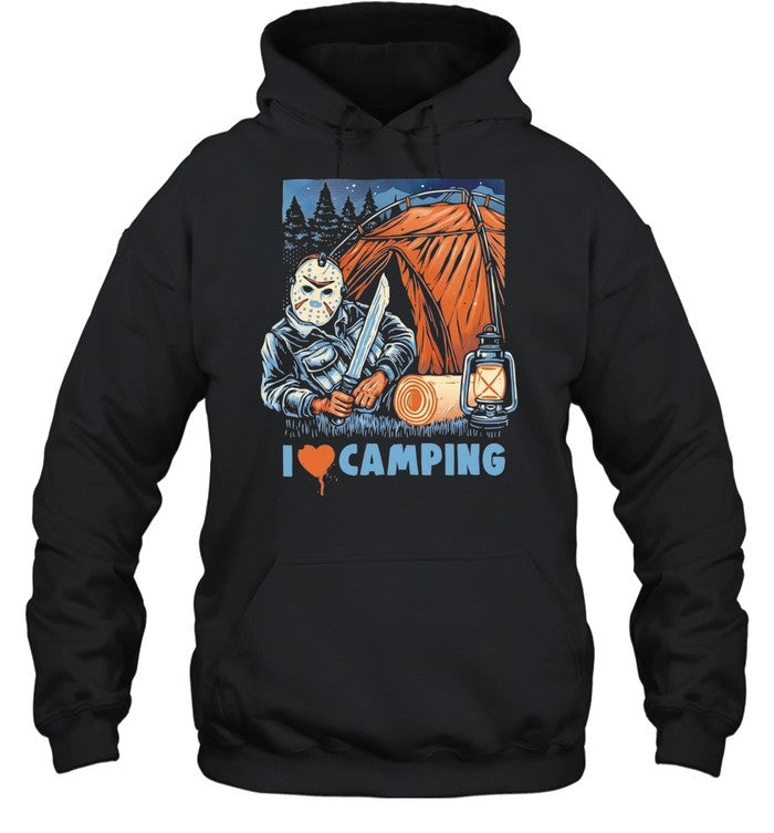 Jason Voorhees holding knife I love camping Unisex T-Shirt