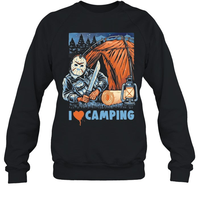 Jason Voorhees holding knife I love camping Unisex T-Shirt