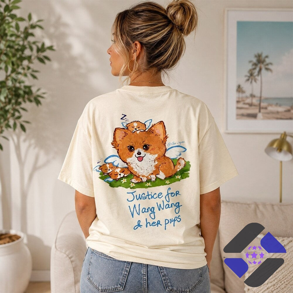 Pomeranian Dog Wang Wang Justice Memorial with Pups T-Shirt