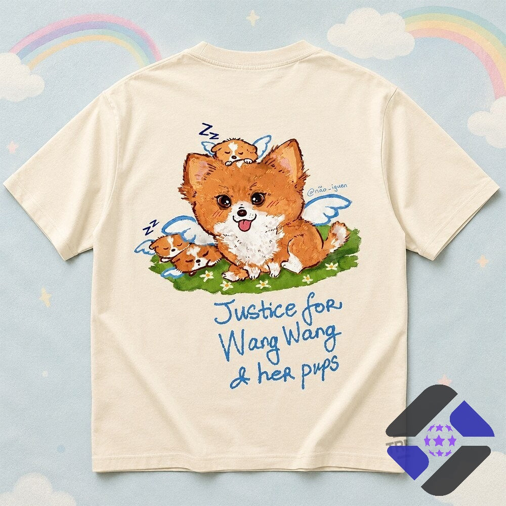 Pomeranian Dog Wang Wang Justice Memorial with Pups T-Shirt