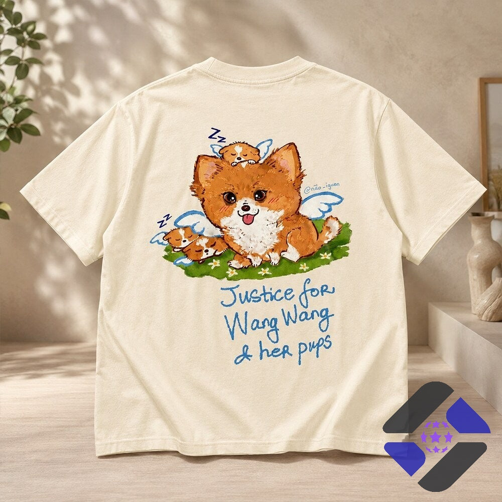 Pomeranian Dog Wang Wang Justice Memorial with Pups T-Shirt