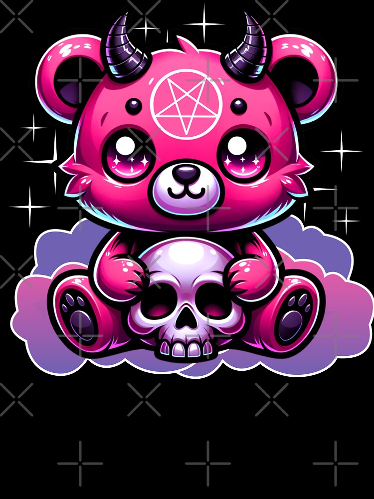 Cute Pink Goth Punk Bear w Pentagram and Skull by PetNamedPeeve