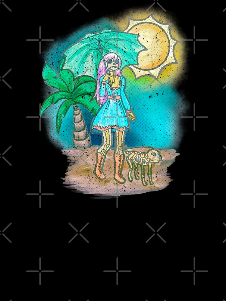 Vintage, Pastel, Kawaii, Goth Girl with Skeleton Goth Dog and Parasol by madtoyman