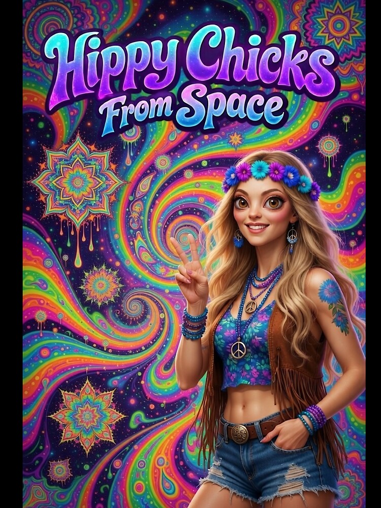 Hippy Chicks From Space - Psychedelic Space Hippie Girl with Peace Sign by David Brookes Digital