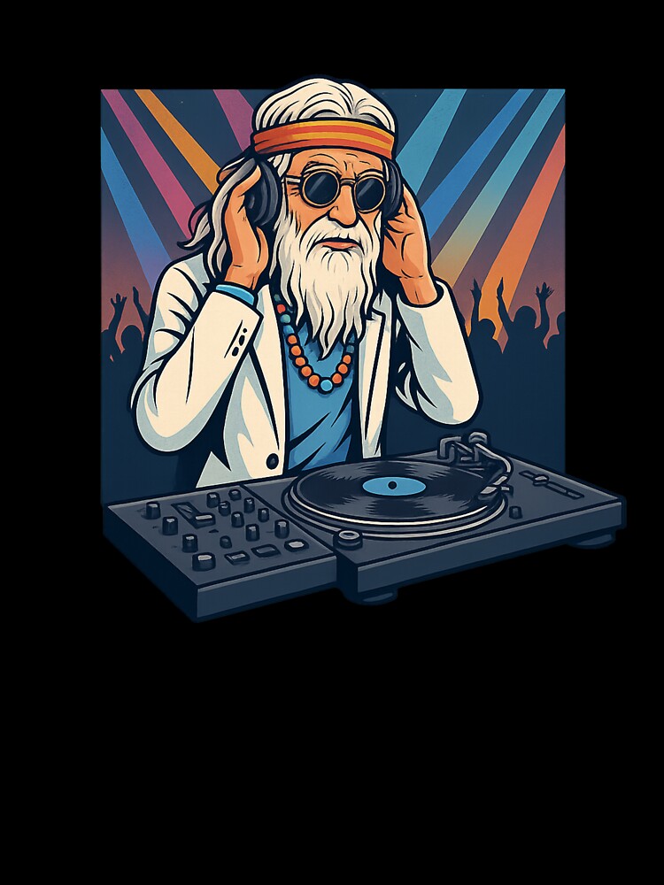 Elderly White Hippie DJ – Retro Vinyl Music Party Design by Lunaria Arts