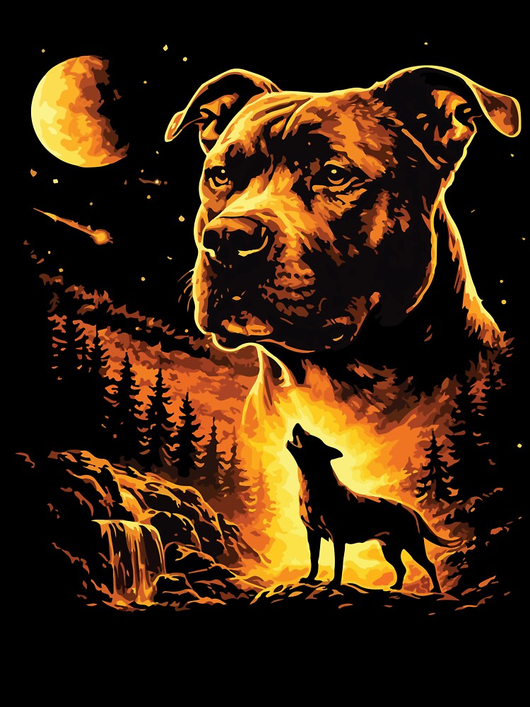 Pitbull Howling at the Moon Vintage 90s Forest Retro Dog Lover by kiralynstration