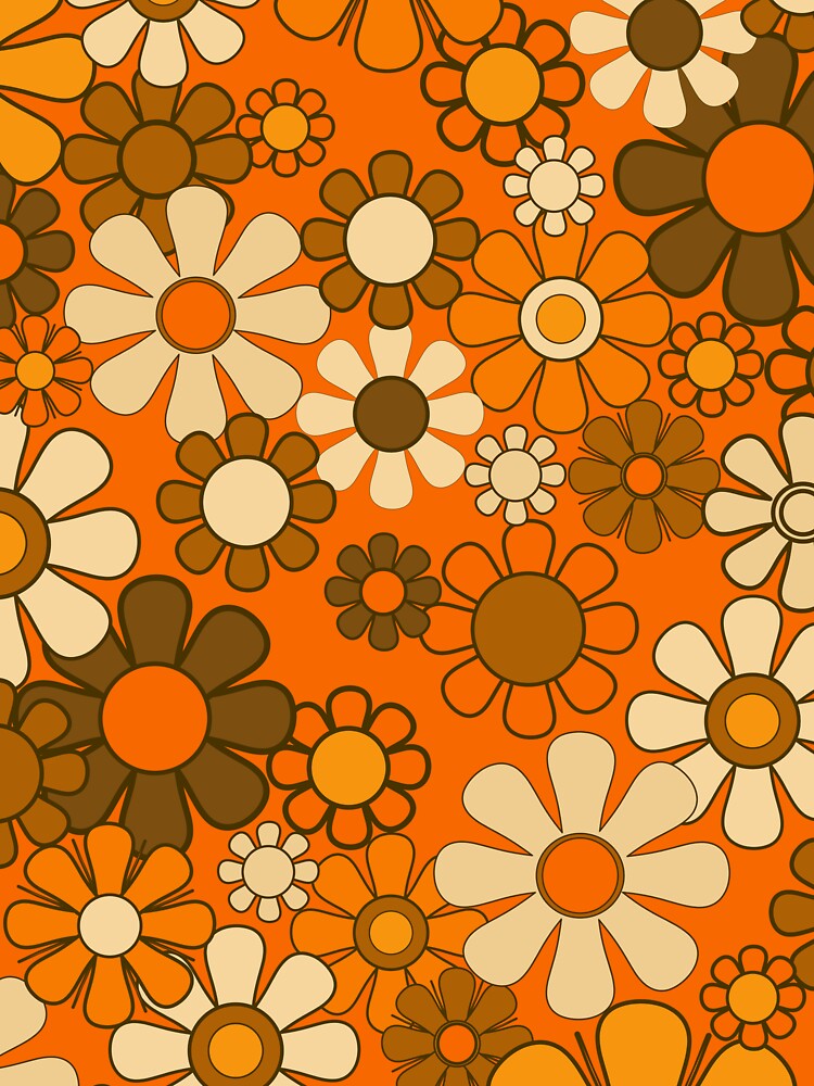 70s Retro Floral Pattern Groovy Garden Flowers in Orange and Brown by kierkegaard