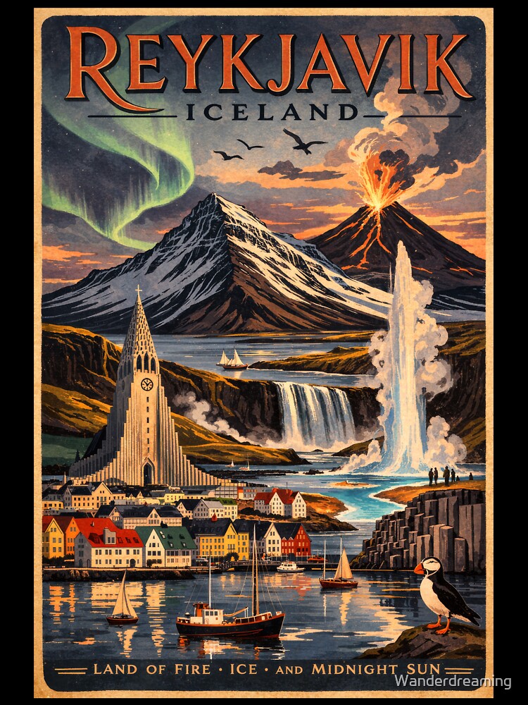 A Reykjavik Iceland Retro Travel Poster by Wanderdreaming