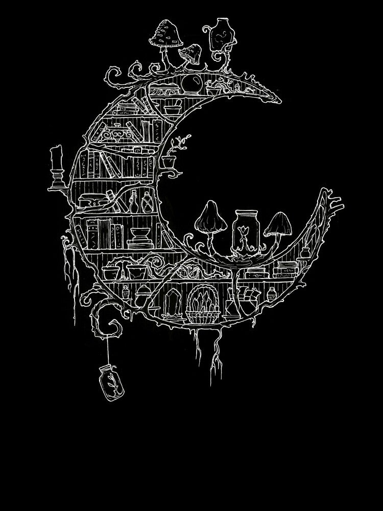 Library Mushroom Moon (White Lineart) By Sam Deacon Art by Sam Deacon Art