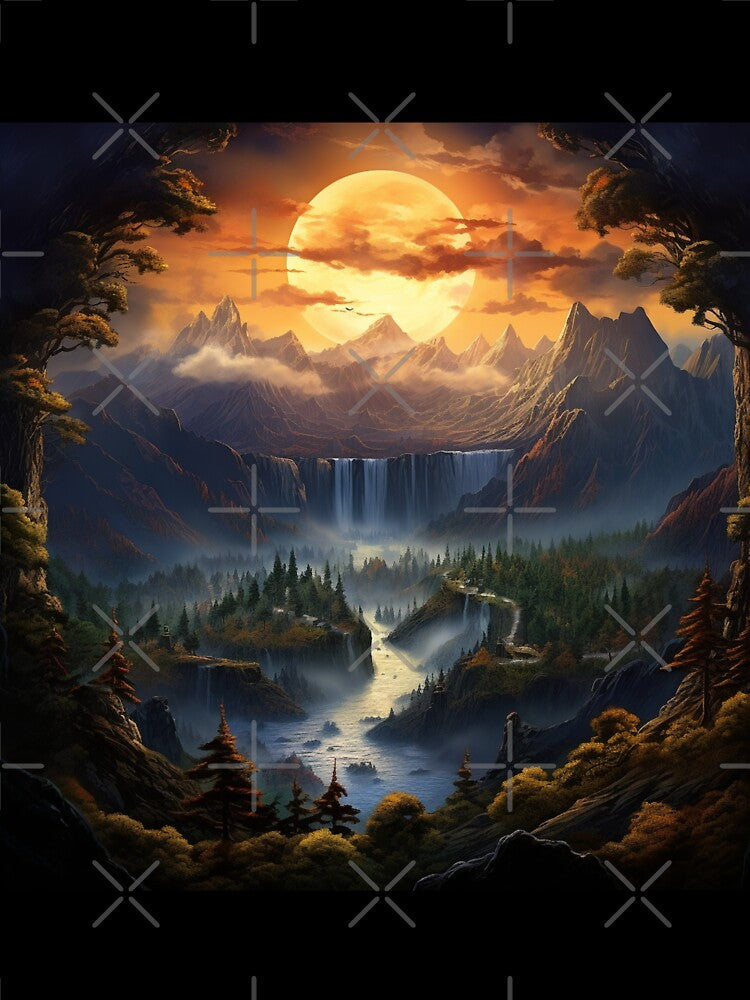 Fantasy Landscape - Waterfall at Sunset by Fantasy Masterpiece