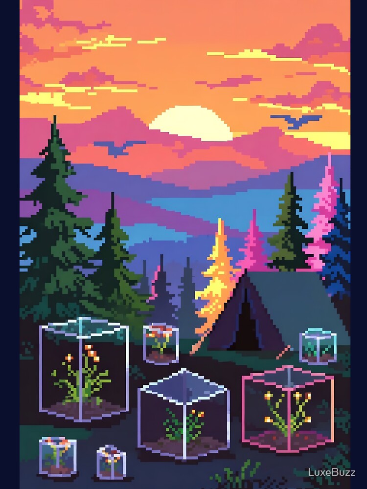 Retro Pixel Sunset Camp with Mini Terrariums by LuxeBuzz