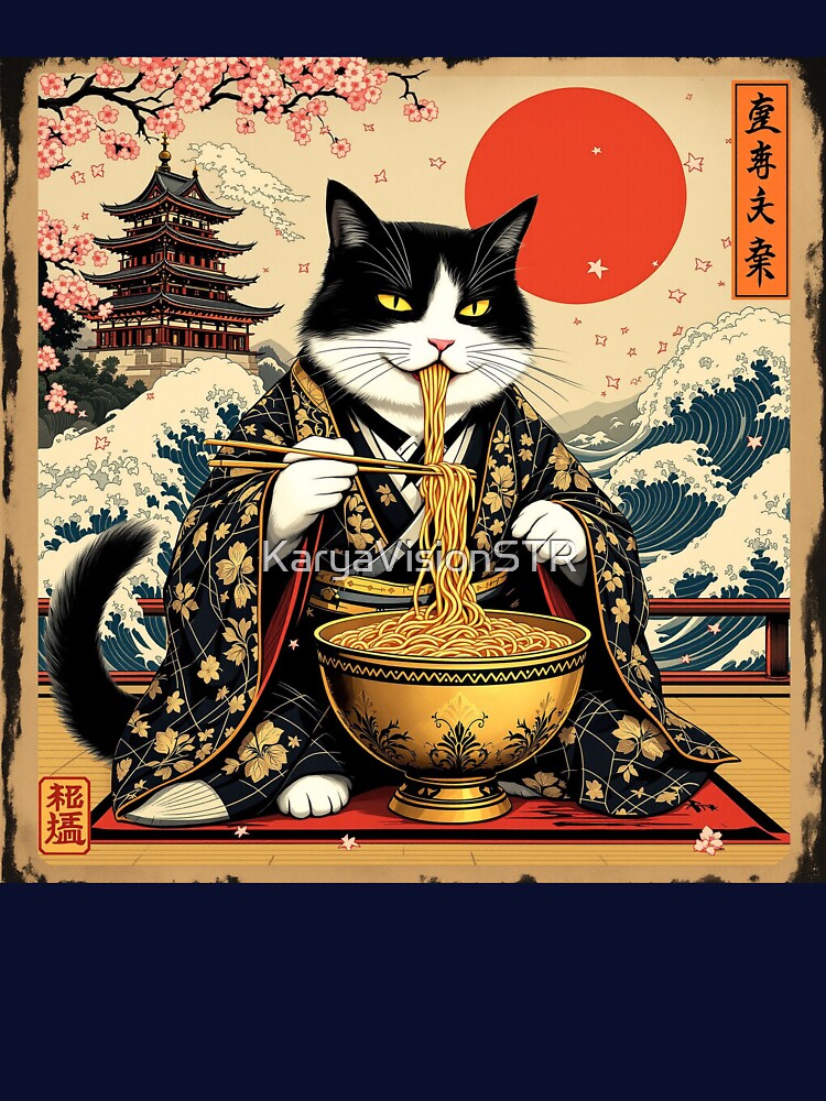 Samurai Cat with Golden Ramen Bowl | Vintage Japanese Ukiyo-e Style Illustration by KaryaVisionSTR