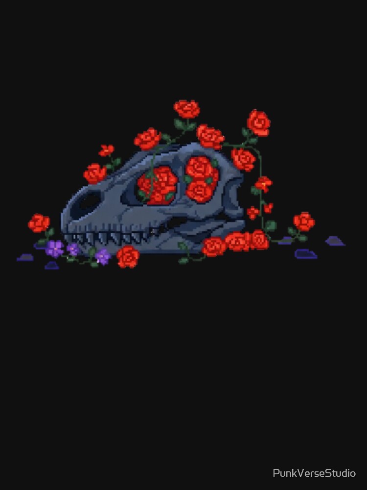 Pixel Dinosaur Skeleton with Red Flowers | Floral Retro Pixel Art by PunkVerseStudio