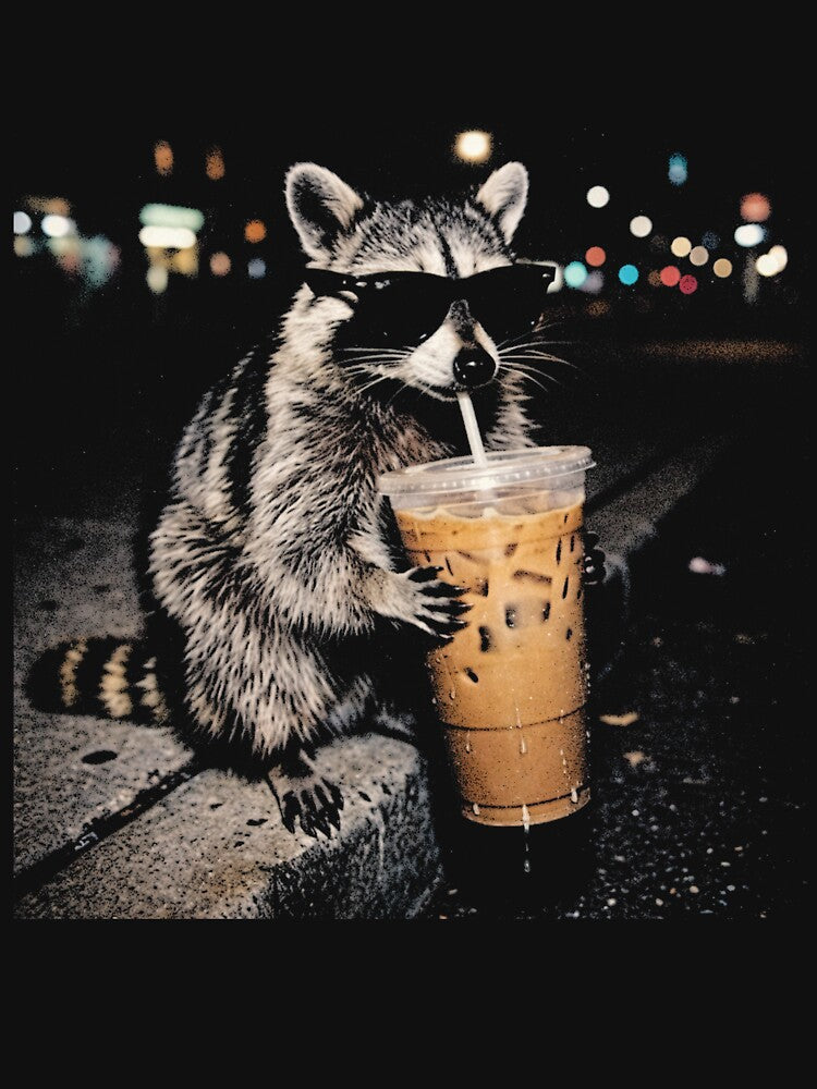 Raccoon Drinking Iced Coffee, Funny Animal Meme Vintage Aesthetic T-Shirt by borenclolahroy
