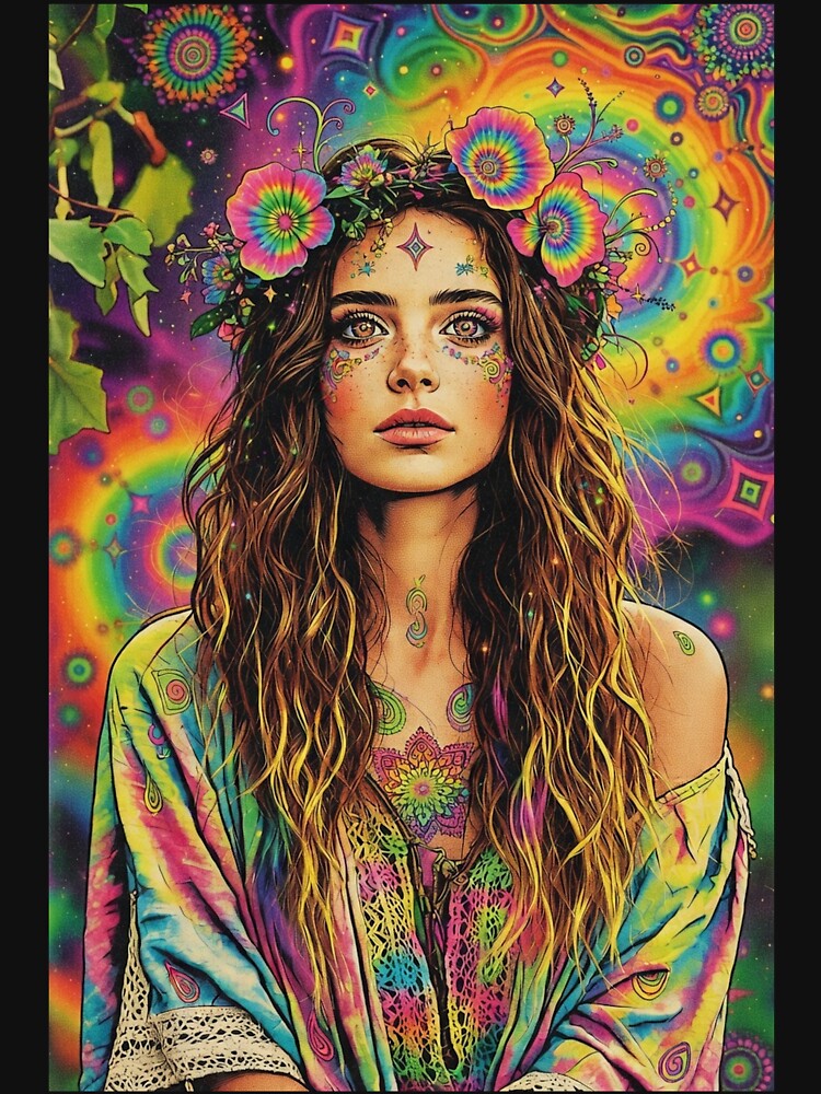 Psychedelic Hippie Goddess - Rainbow Flower Crown & Tie-Dye Portrait by David Brookes Digital