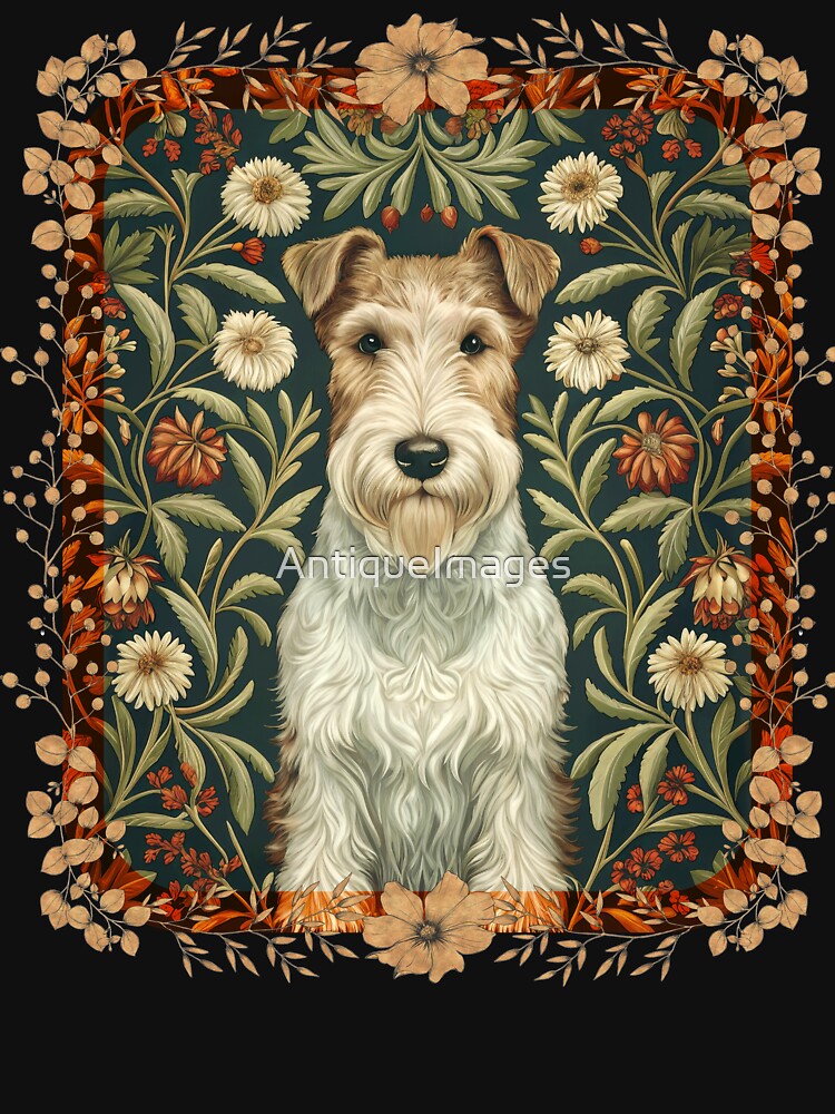 Wire Fox Terrier in a William Morris Style Floral Garden by AntiqueImages