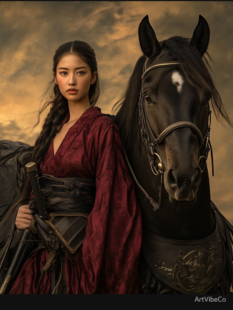 Fierce Samurai Warrior and Majestic Warhorse at Dusk by ArtVibeCo