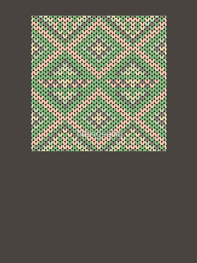 A contemporary ethnic-style knitted pattern in green yarn with peach and gray stripes in square shapes. by Nengsang