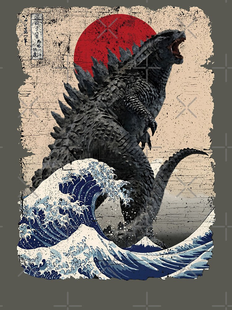 Godzilla Surfing The Great Wave by Hokusai Funny Parody by Robert Diebold
