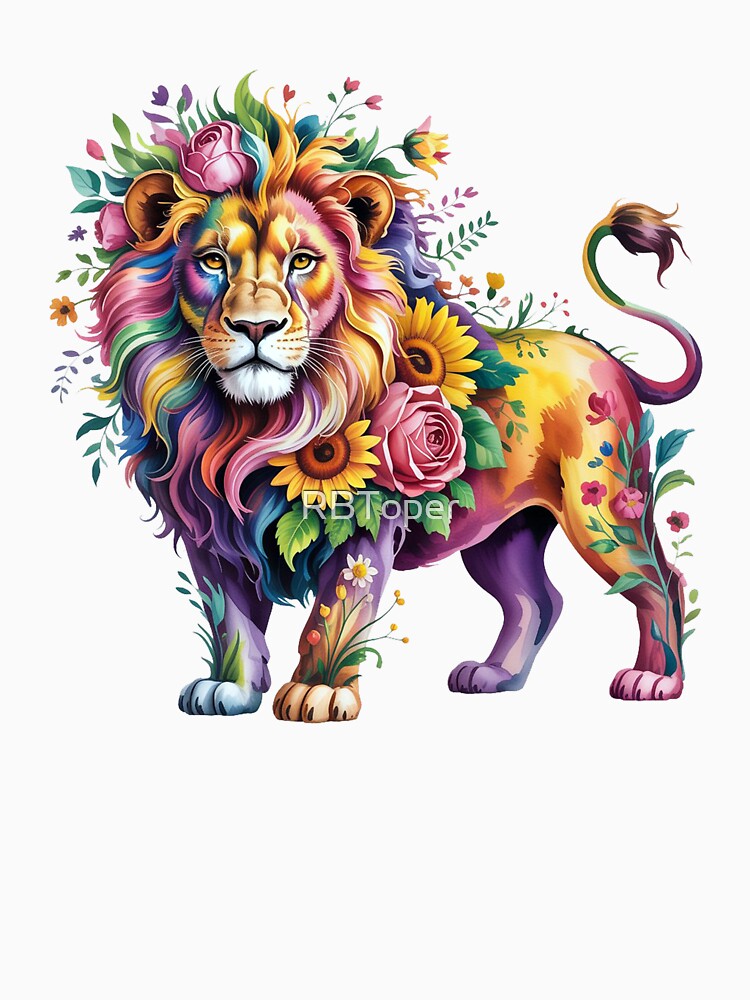 Rainbow Flower Lion – Colorful Floral Animal Art by RBToper