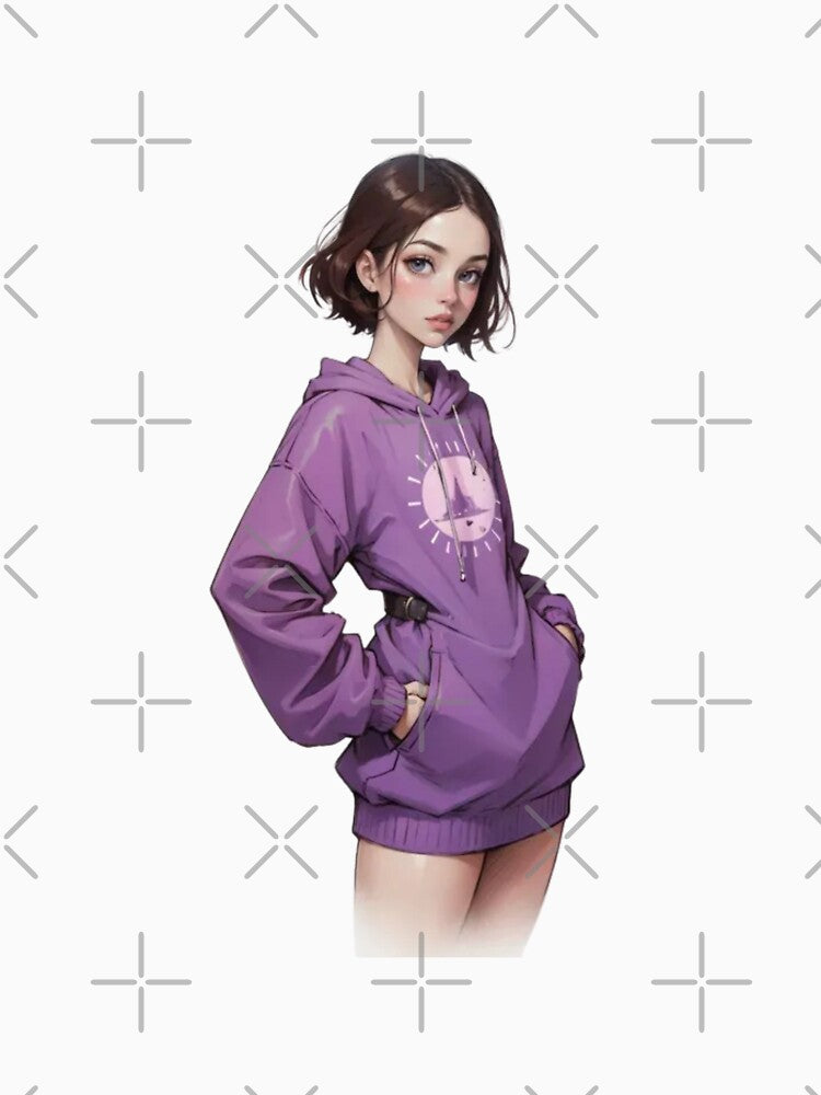 Aesthetic Purple Hoodie Girl Digital Art Sticker - Cute Anime Character Illustration by TheRosyCanvas