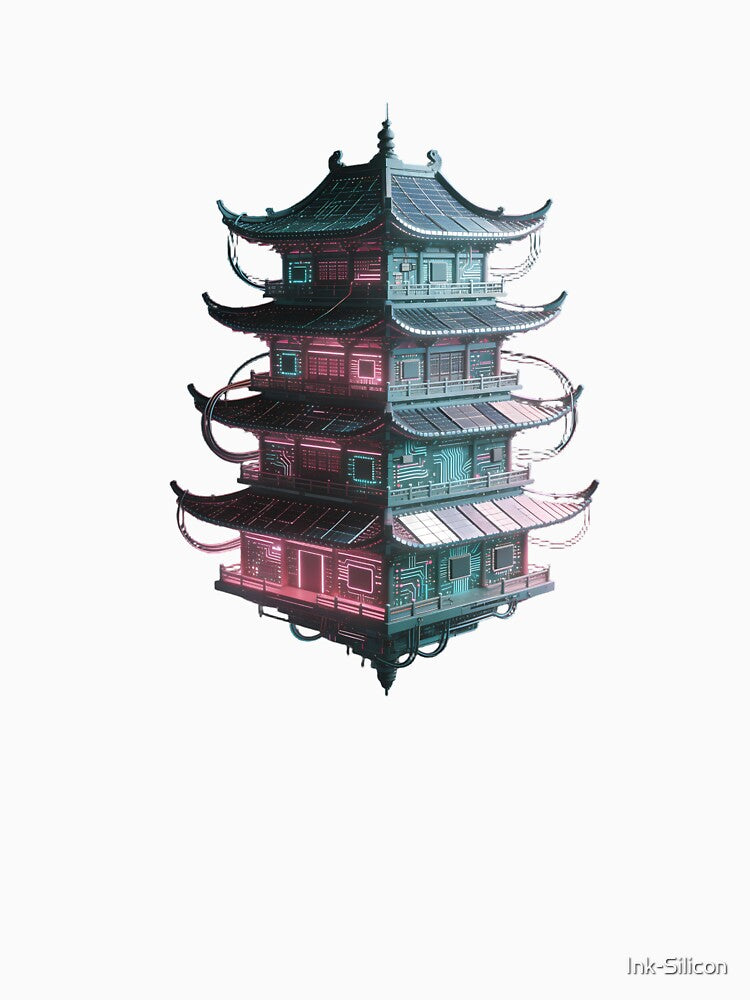 Floating Digital Pagoda - Neon Silicon Soul by Ink-Silicon