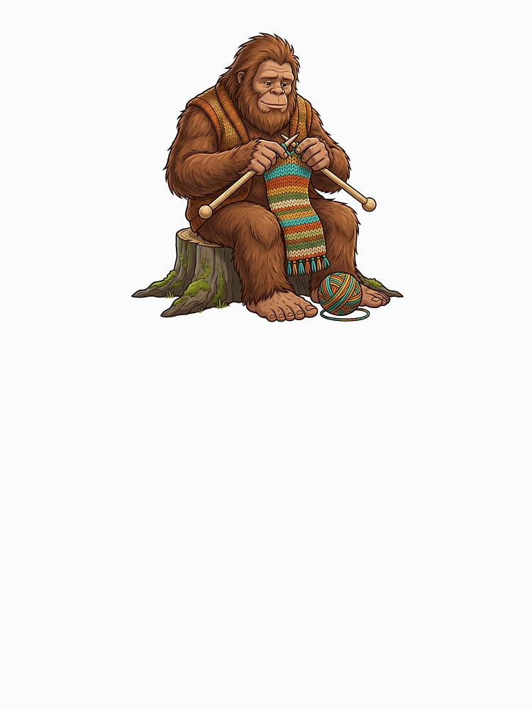 Whimsical Bigfoot Knitting a Colorful Scarf Sitting on a Tree Stump by Kvarny