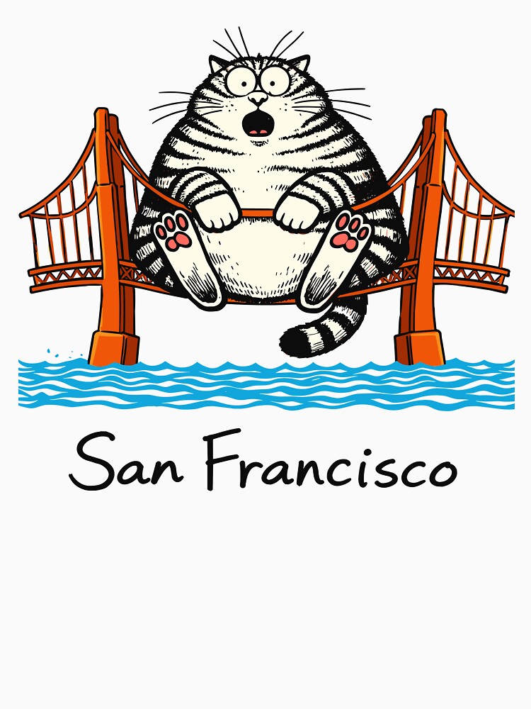 San Francisco Cat Shirt – Funny Chubby Fat Cat on Golden Gate Bridge Cute Cartoon Tee by RediscoverJoy
