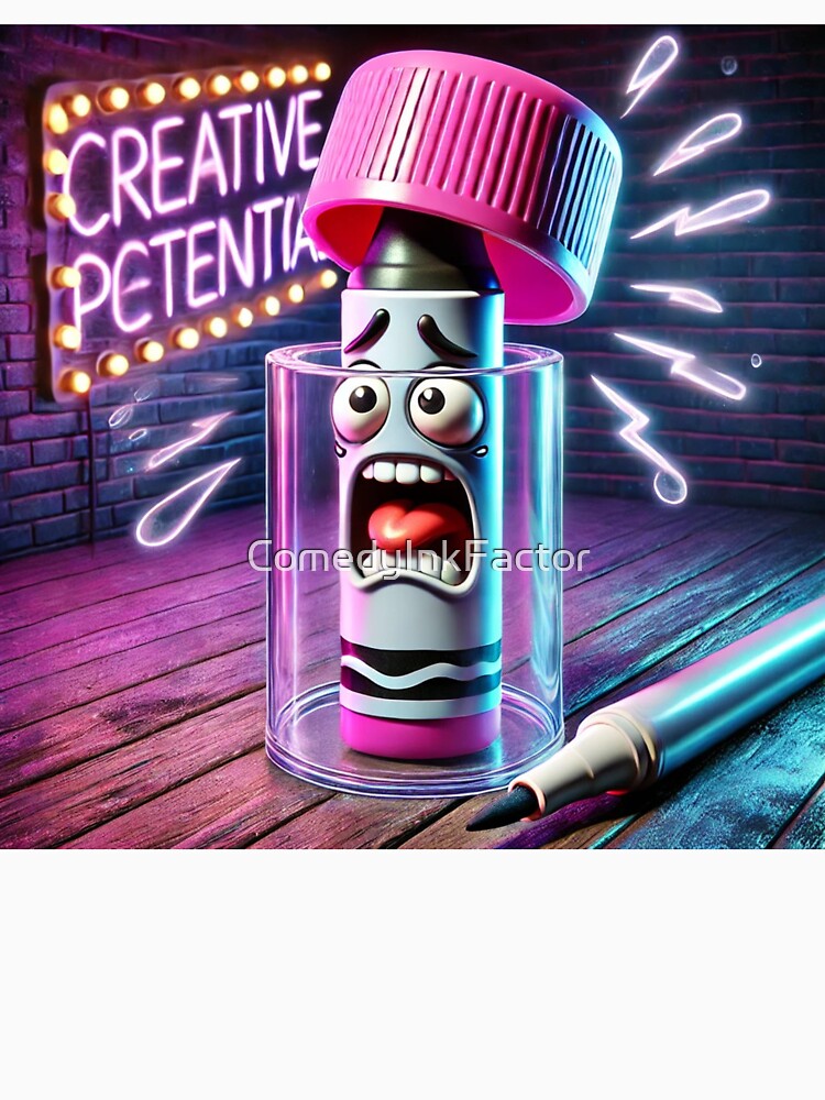 CREATIVE POTENTIAL” — terrified marker trapped in a glass jar by ComedyInkFactor