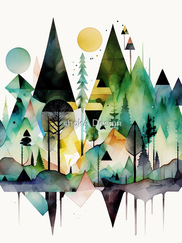 Abstract geometric shapes forest watercolor by shokA Design