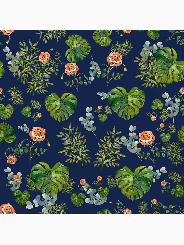 Rose flower palm leaf branch pattern watercolor indigo by Yana Mustafina | Boho Soulful Designs