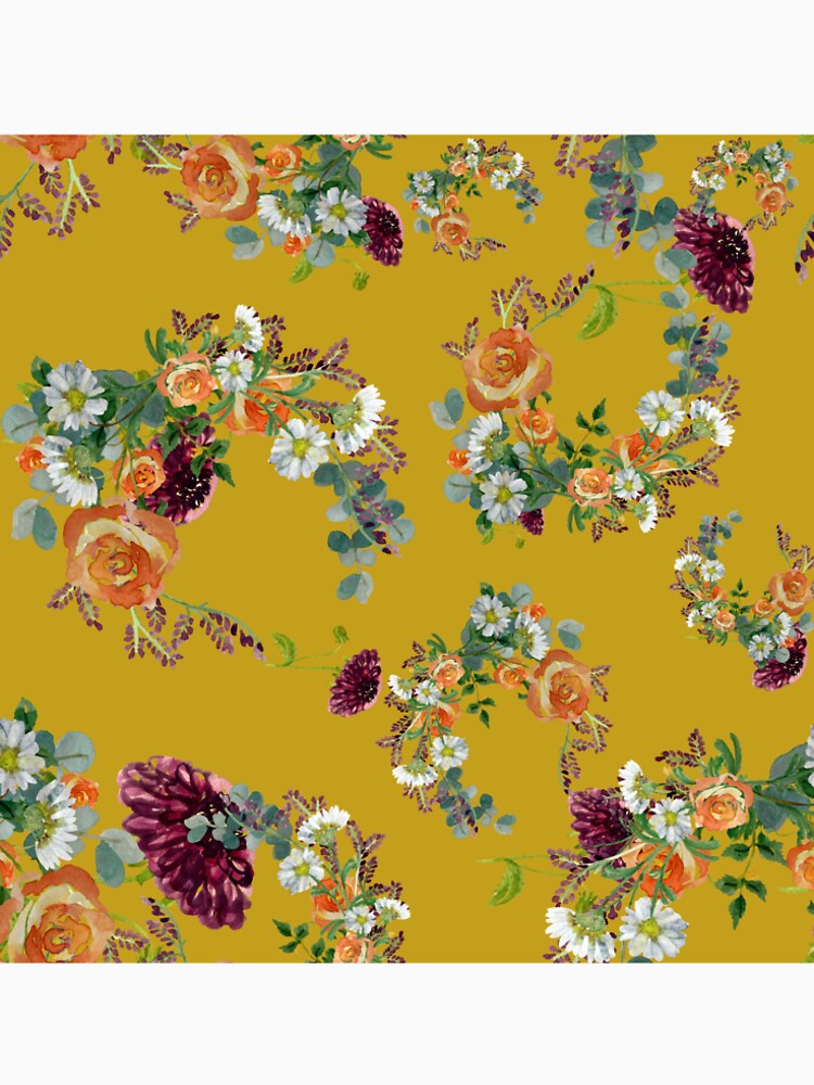 Dahlia red rose daisy pattern watercolor yellow by Yana Mustafina | Boho Soulful Designs
