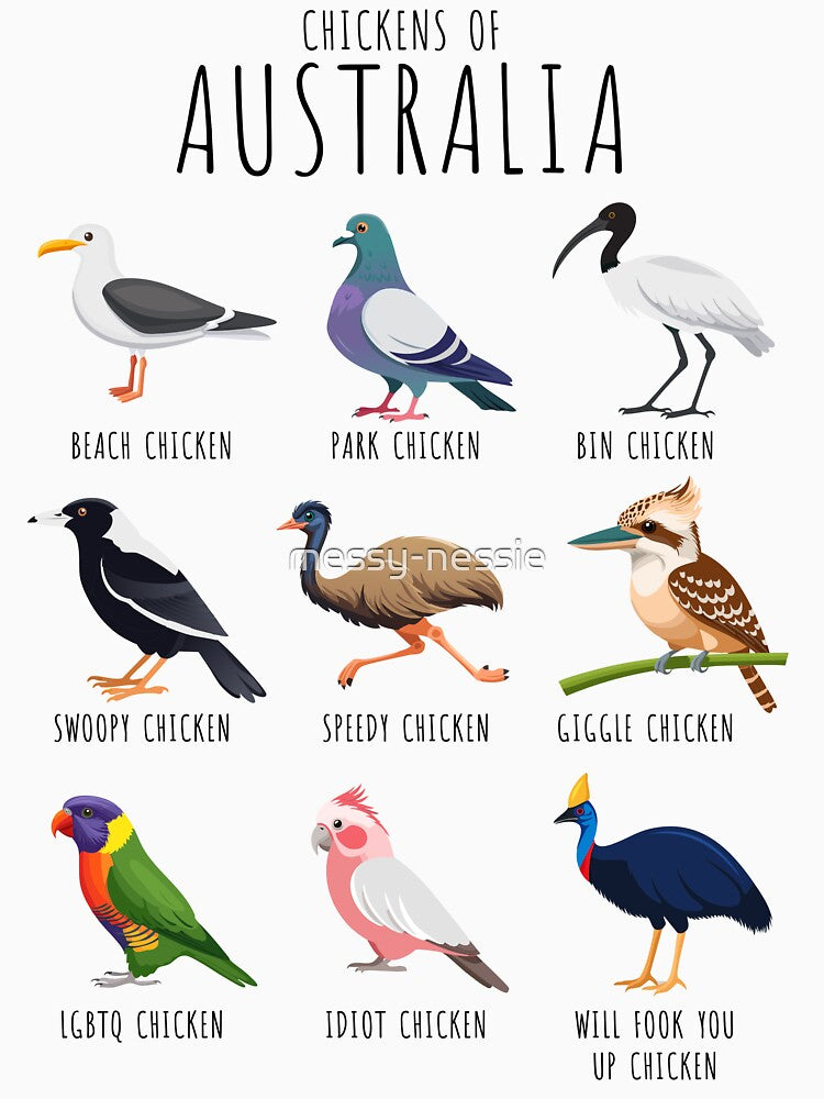 Chickens of Australia – Funny Australian birds with silly chicken names | Aussie Humour (on light colours) by messy-nessie