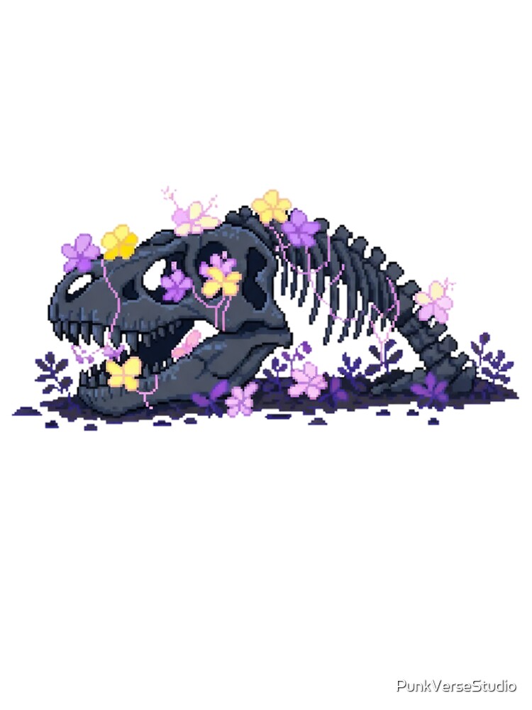 Pixel Dinosaur Skeleton with Blue Flowers | Floral Retro Pixel Art by PunkVerseStudio